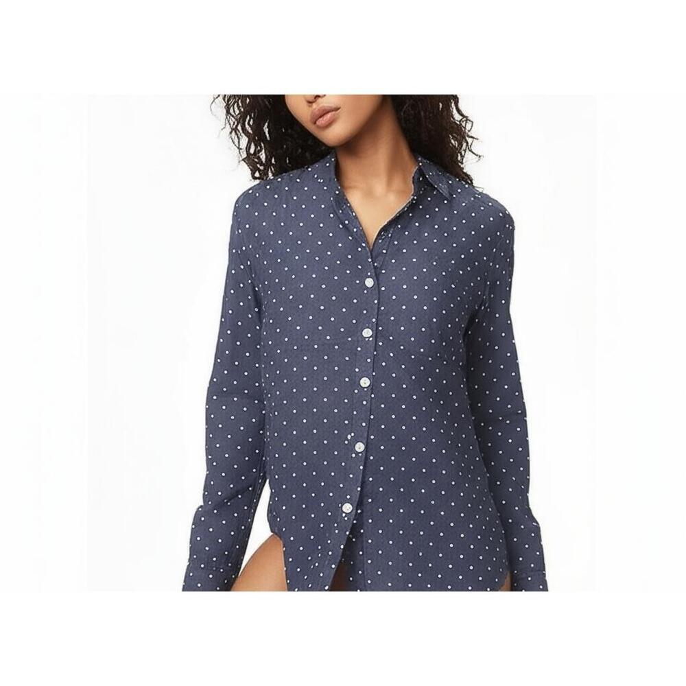 Liz Claiborne Womens L Navy Blue Polka‎ Dot Button Up Shirt Collared